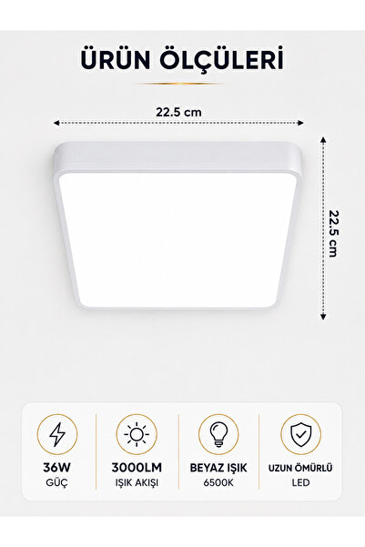 kialed 36W Kare LED Tavan Armatürü Slim Metal Kasa 6500K Beyaz Işık 3000 LM Sıva Üstü Tavan Lambası