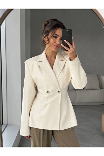 D'RECCY Jachetă blazer din piele pentru femei, cu nasturi și căptușeală la umăr