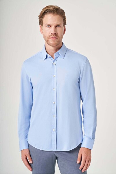 İmza Blue Overalls Collar Long Sleeve Pocketless Knitted Slim Fit Cotton Shir...