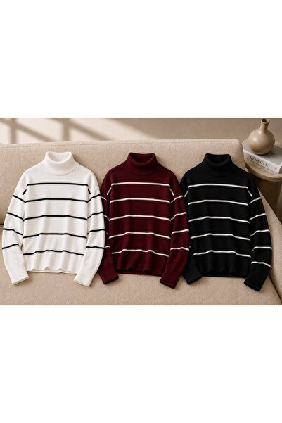 threeoff 3-Piece Women's Winter Striped Knitwear Sweater Turtleneck Soft Text...