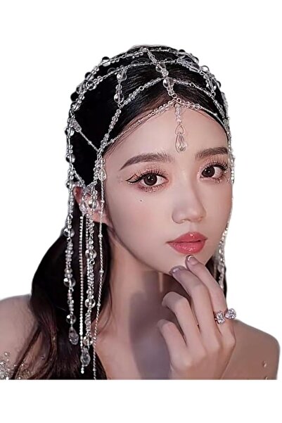 STARSTAR Transparent crystal bead tassel hat headpiece, 1920s layered head ch...