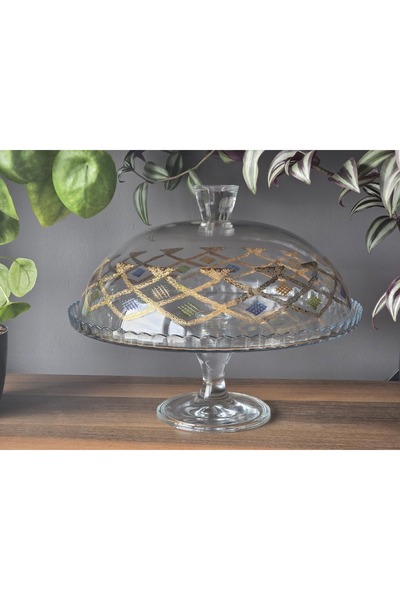 FERMATO Cake Cupboard with Lid - 2 Pieces with Stands Handmade Crystal 24K Go...