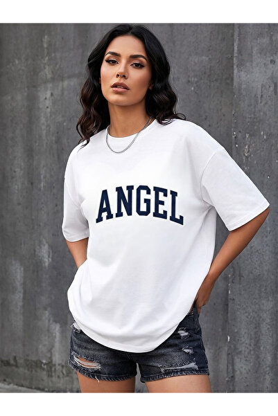 Flubutik Women's Angel Print 100% Organic Cotton Relaxed Fit Round Neck T-Shi...