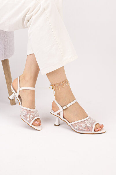 Layber Women's Mesh Embroidery Detailed Pointed Toe Thin Heel Ankle Strap Hig...