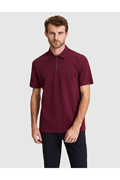 Pierre Cardin Burgundy Regular Fit Zippered Polo Collar T-Shirt 50334988-Vr014