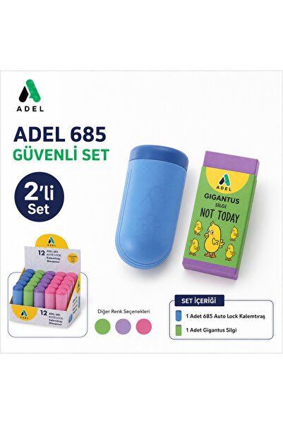 Adel 685 Auto Lock Kalemtıraş ve Gigantus Desenli Silgi 2’li Set – Güvenli, R...