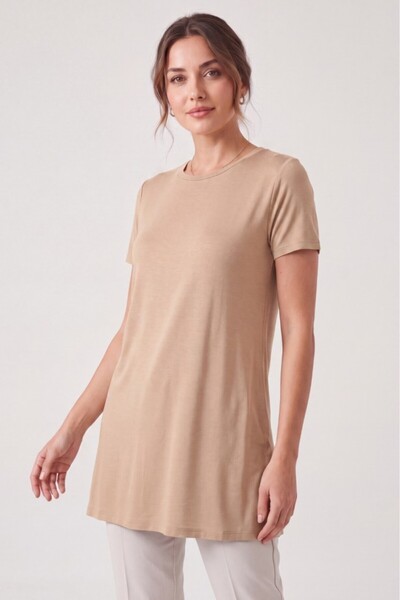 Betimoda Women's Four Seasons Crew Neck Short Sleeve Viscose Short Tunic Beige
