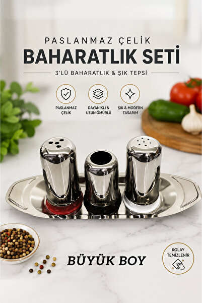 FİTHOME طقم توابل من الفولاذ المقاوم للصدأ كبير الحجم مكون من 3 قطع مع صينية ...