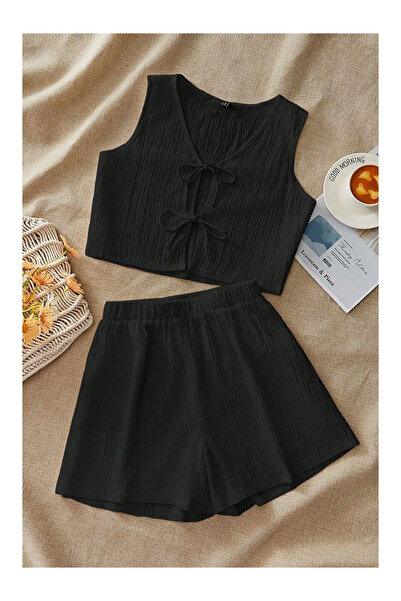 Flubutik Women's Black Ribbed Shorts Tie-Up Suit
