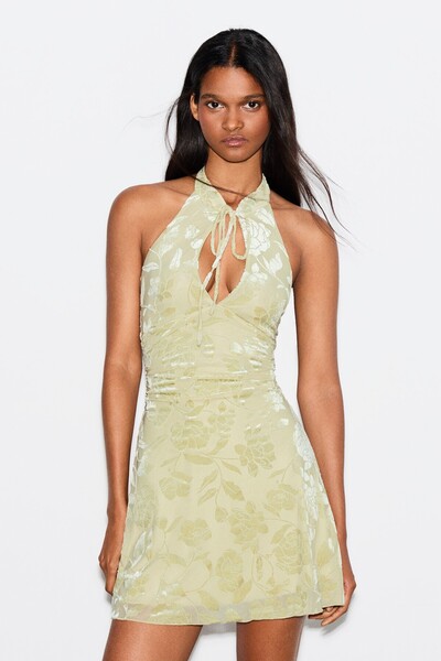 Bershka Flok baskılı mini tül halter elbise