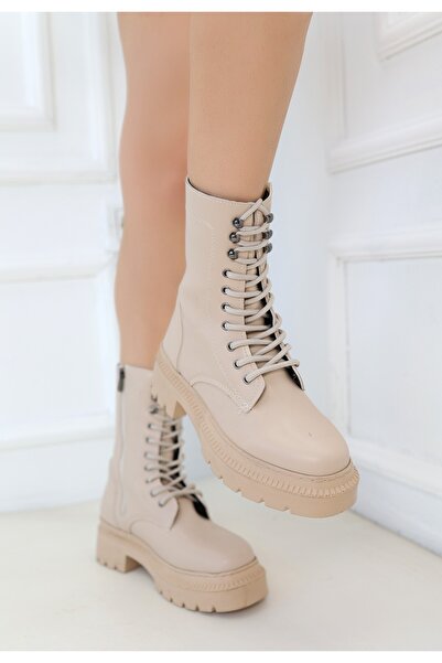 ALFA AKSESUAR 03 Caxa Nude Leather Laced Boots