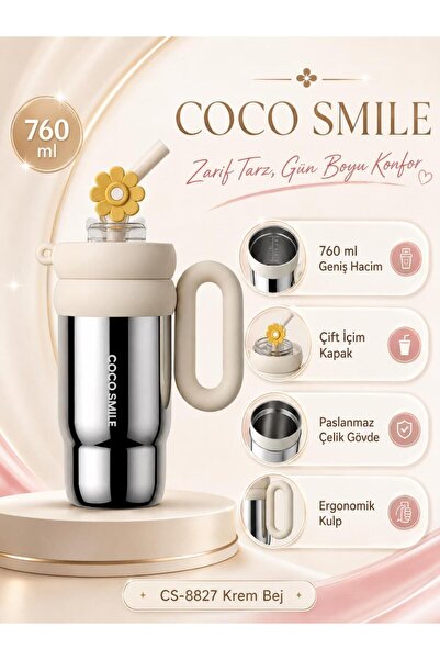 CocoSmile CS-8827 Krem Bej 760 ml Çift İçim Paslanmaz Çelik Termos Mug Matara...