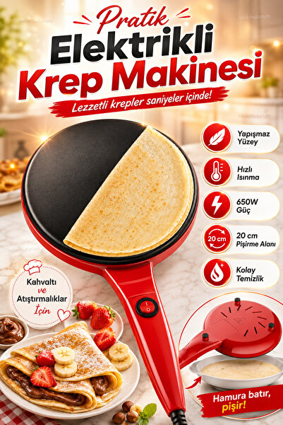 nelerbulurum Elektrikli Krep Makinesi 650W 20 cm Yapışmaz Yüzey Krep Pankek O...