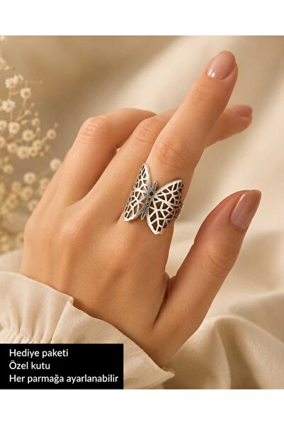 HER ŞEY NOTA www.herseynota.com خاتم نسائي فضي اللون قابل للتعديل بتصميم فراش...