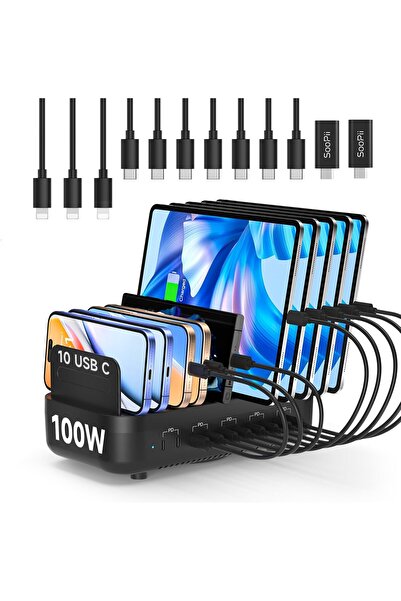 SooPii 100W USB-C Charging Station,10-Port PD Fast Charger with 20W Max Per P...