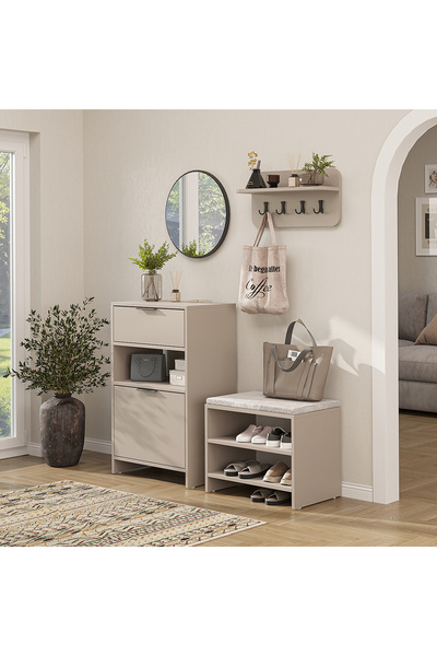 ROOMART Lena Vestiyer Takımı Askılıklı, Ayakkabılık Dolabı, Modüler, Aynalı P...
