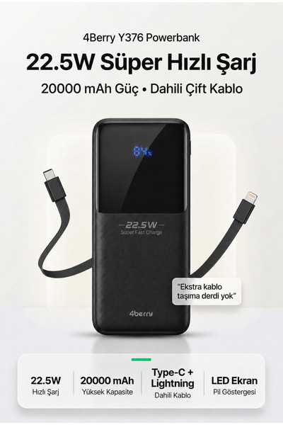 4 Berry YM832 20000mAh 22.5W Süper Hızlı Şarj Type-C ve Lightning Kablolu Pow...