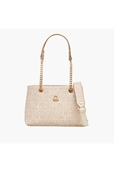 United Colors of Benetton Monogram Print Tote Bag with Zip Closure