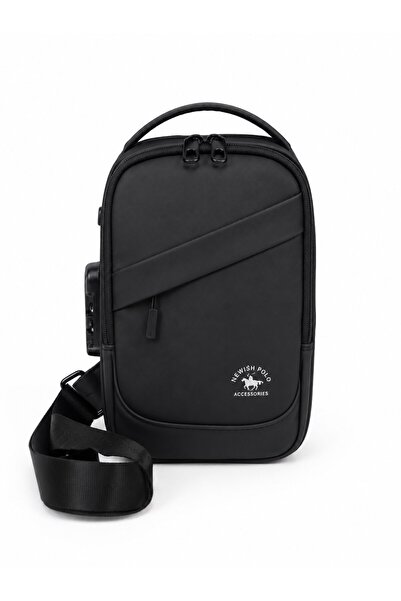 Newish Polo Erkek Siyah Usb Çıkışlı Çapraz Askılı Bel Çantası Ve Cüzdan Kartlık