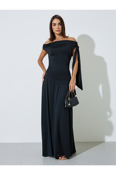 Styli Black Asymmetric Neck Draped Maxi Dress