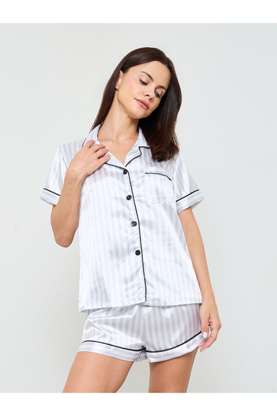 Take Two By Styli Multi-Color Striped Satin Shirt and Shorts Pajama Set