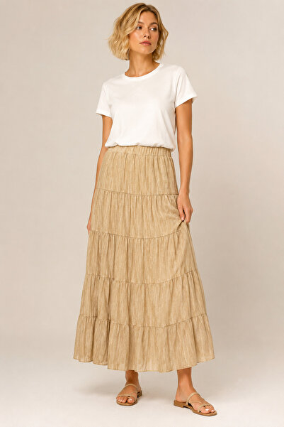bihan store Beli Elastic Pleated Flowy Maxi Skirt Y26-32530-Stone
