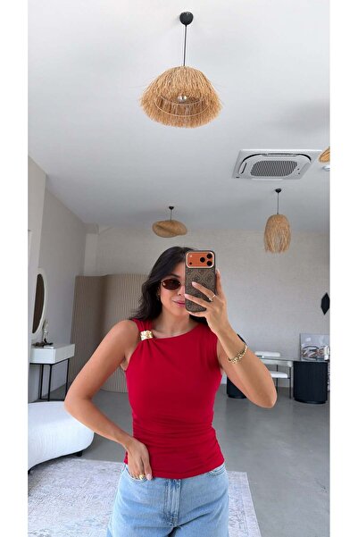 Buket Teke Polyamide Blouse with Red Shoulder Accessories