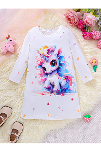 Take Two By Styli Girls White Unicorn Graphic Print Dress
