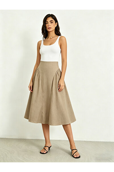 Take Two By Styli Beige Solid High Rise Midi Skirt