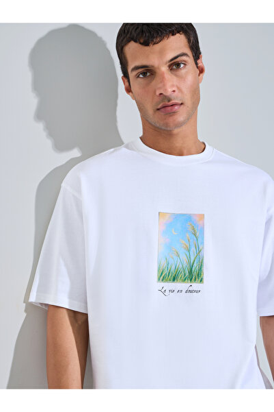 Styli Men White Oversized Digital Print Cotton Terry T-Shirt