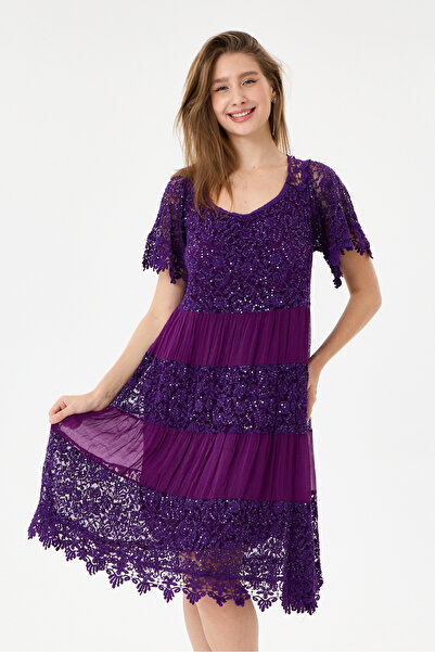 della moor Purple Italian Sequin Embroidered Lace Lined Silk Dress 38 - 44 Sizes
