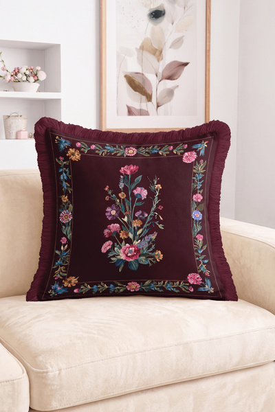 Realhomes Framed Botanical Floral Bouquet Pattern Fringed Throw Pillow Cover ...