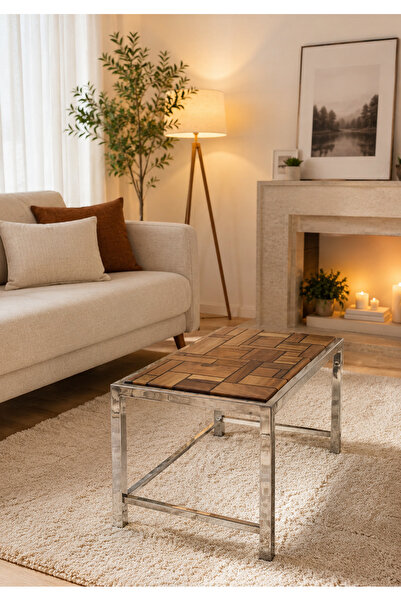 Canik Design Modern Endüstriyel Metal Ahşap Orta Sehpa | Paslanmaz Çelik İske...