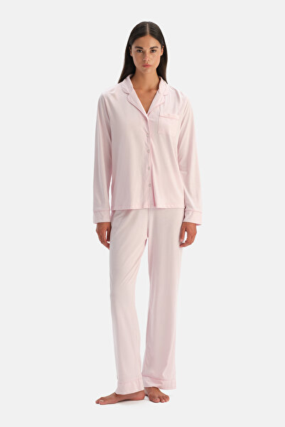 Dagi Light Pink Piped Shirt Pants Set
