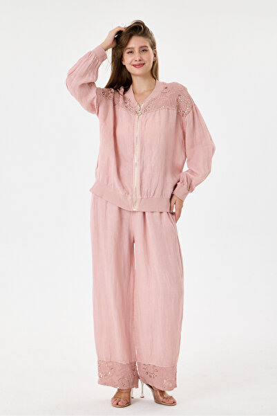 della moor Women's Pink Italian 100% Linen Mesh Sequin Embroidered Zippered J...