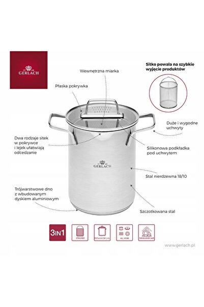 Gerlach Oală înaltă de gătit cu capac 16 cm, 4,0L + sită
