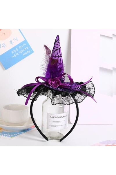 NET MARKET Halloween Mor Tüylü Cadı Şapkalı Saç Tacı - Gül & Dantel Detaylı C...