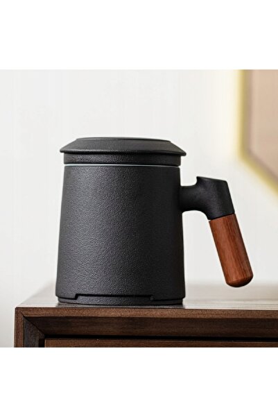 bedee Ceașcă ceramică cu infuzor și capac, mâner din lemn, negru, cadou