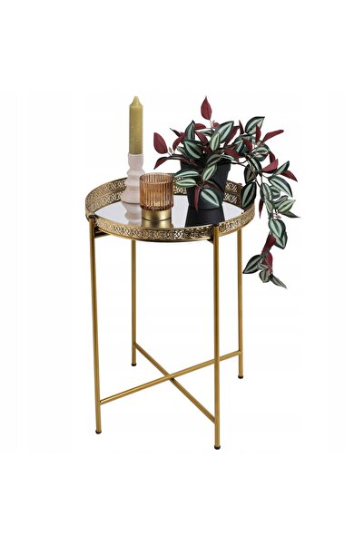 H&S Decoration Măsuță laterală metalică Auriu 36x47 cm Glamour cu tavă Auxili...