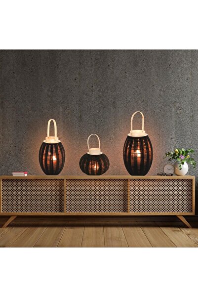 Home Styling Collection Felinar din lemn negru pentru lumânări, stil BOHO, pe...