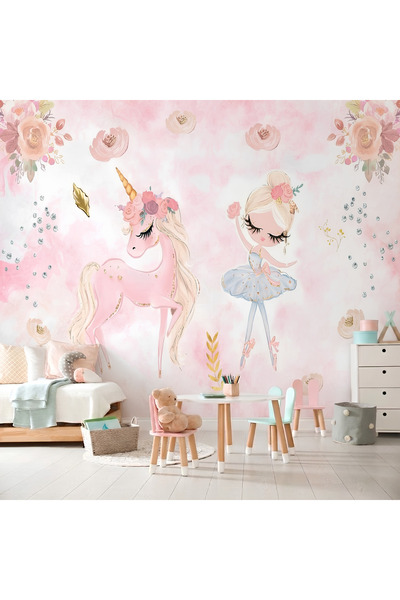 da dekoartizan Pembe Suluboya Efektli Unicorn ve Balerin Kız Çocuk Odası Duva...
