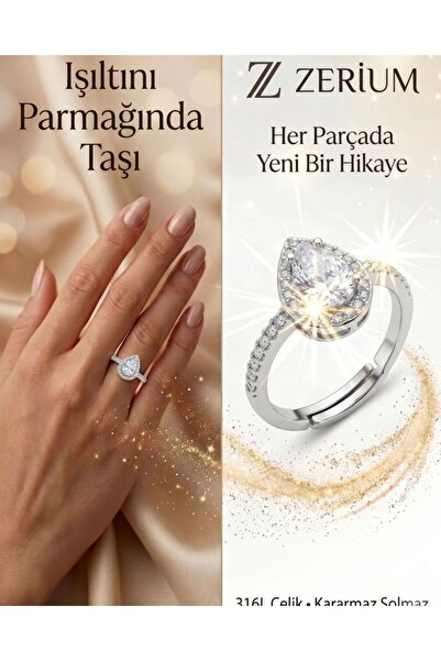 ZERİUM Adjustable Women's Steel Solitaire Heart Ring Silver Color Luxury Series
