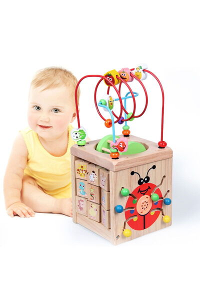 CasaDesteapta.ro Дървена играчка - Монтесори играчка с четири страни за наниз...