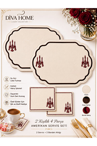 Diva Home 4-Piece American Service Set for 2 People – Embroidered Luxury Tabl...