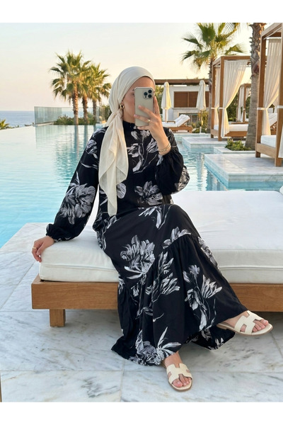 Kirazca Butik Women's Viscose Patterned Comfortable Fit Hijab Dress