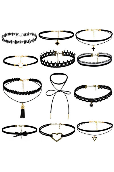 VeeShop Set 12 coliere choker, catifea, dantela, inima, fundita, triunghi