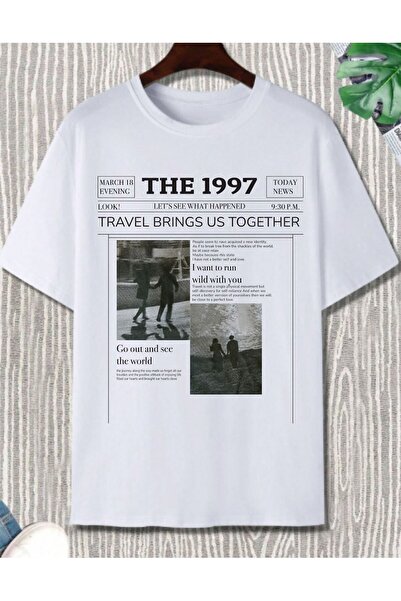 Unısex Gazete Baskılı Oversize Bisiklet Yaka T-Shirt