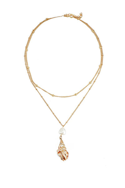 VeeShop Colier multilayer cu doua lantisoare, melc pictat, perla si bilute