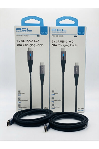 ACL Aura Akse 2'li Set! Type-C to Type-C 60W 3A 2m Örgülü LED Tasarımlı Şarj ...