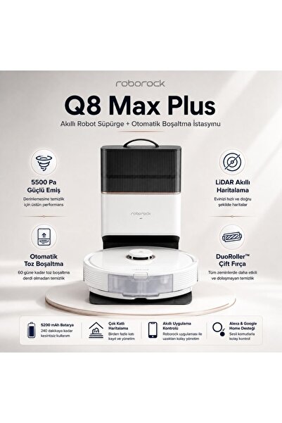 Roborock Q8 Max Plus Çöp Istasyonlu 5500PA Emiş Güçü Akıllı Robot Süpürge - B...